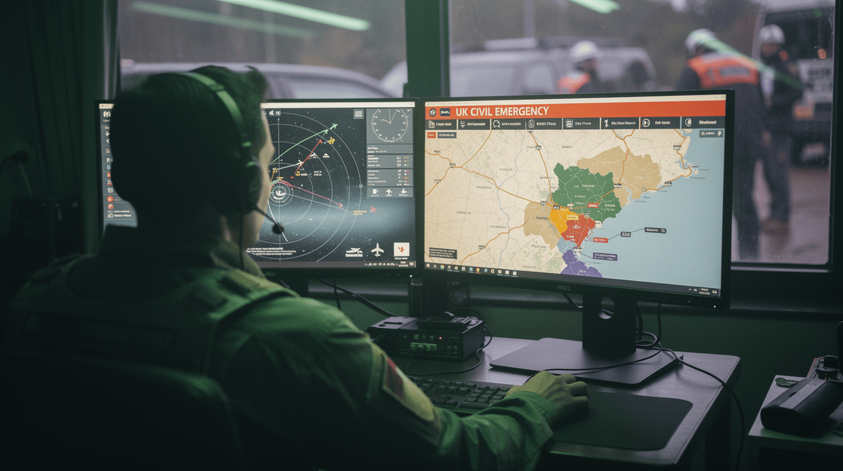 A coordinator at a field desk with a tactical air picture and a civil emergency map side by side