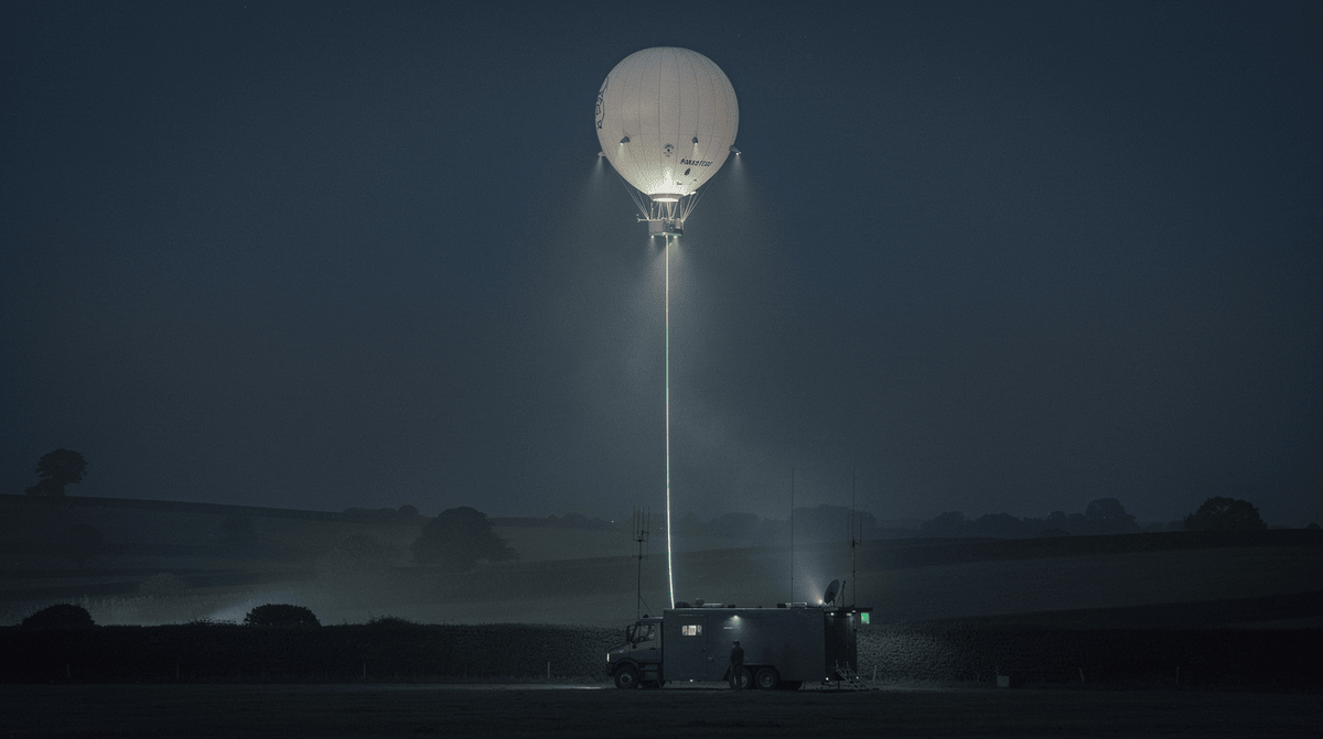 A tethered surveillance aerostat lit against a deep night sky above a dark British landscape
