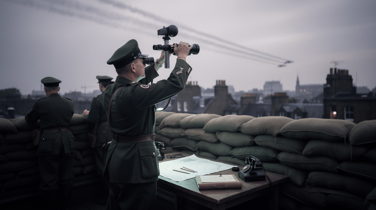 Observer Corps spotters plotting aircraft overhead in 1940