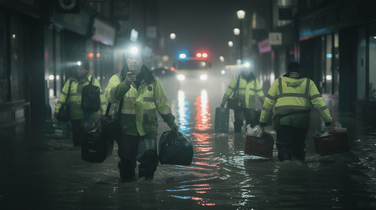 Volunteers in hi-vis carrying supplies through a flooded high street at night