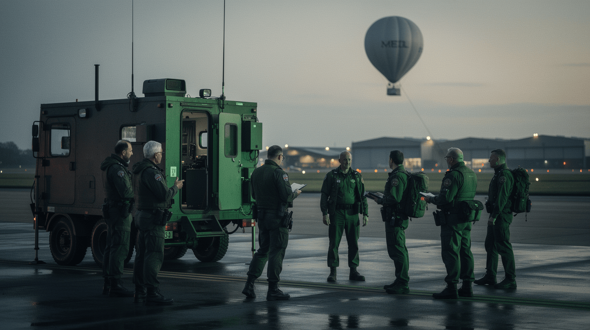 A first cohort of volunteers training on an airfield beside a comms trailer and tethered aerostat at dusk