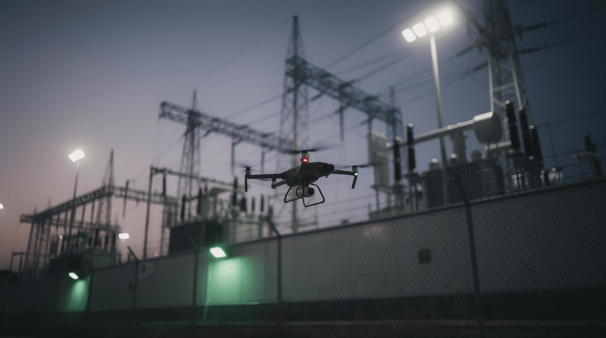 A small consumer drone hovering low over a fence line beside critical infrastructure at dusk